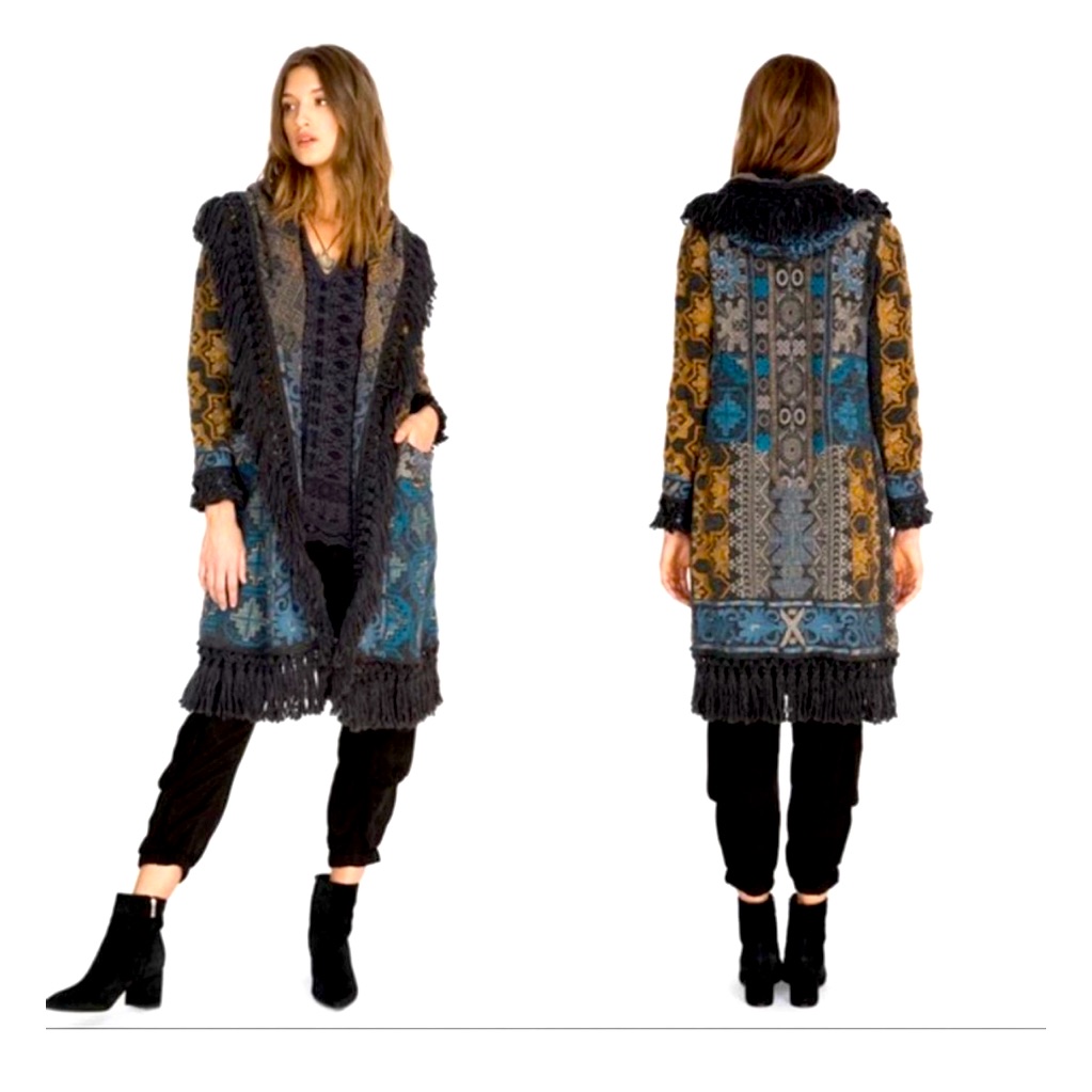 Johnny Was Tokley Fringed Embroidery Open Front Jacket Sweater Small Festival